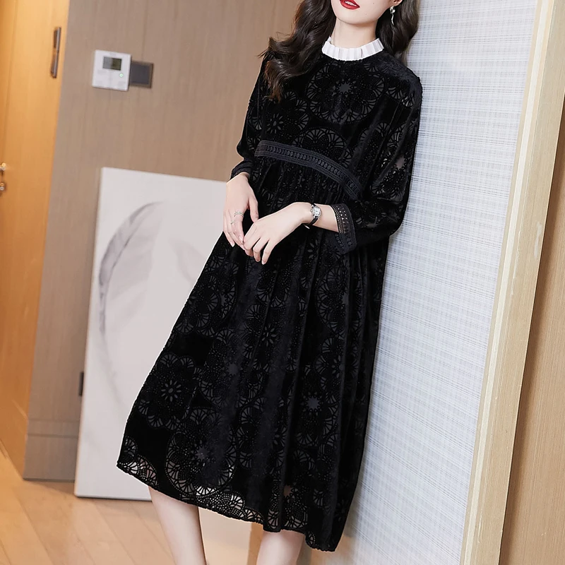 

Women's Black Gold Velvet Dress 2021 Spring New High-quality Dark Flower Fashion Dress Loose and Comfortable Temperament Dress