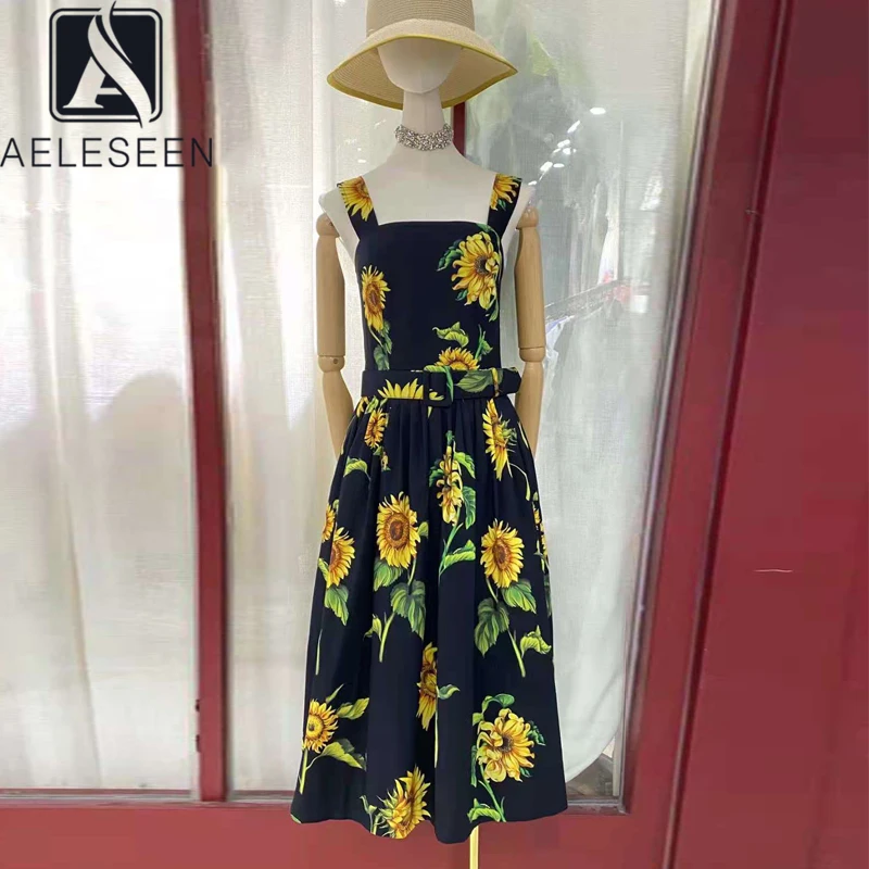

AELESEEN 100% Cotton Dress Women 2021 Runway Fashion Summer Spaghetti Strap Black Sunflower Print Elegant Long Dress With Belt