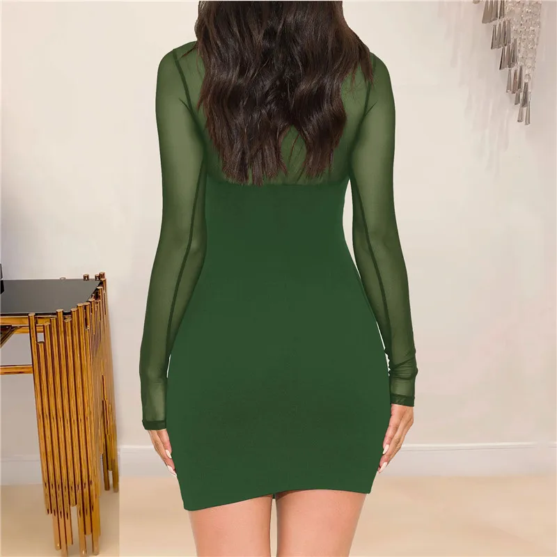 

WJFZQM Patchwork Mesh See Through Slim Dress For Women Stand Collar Long Sleeve High Waist Mini Dresses Female Fashion Clothing