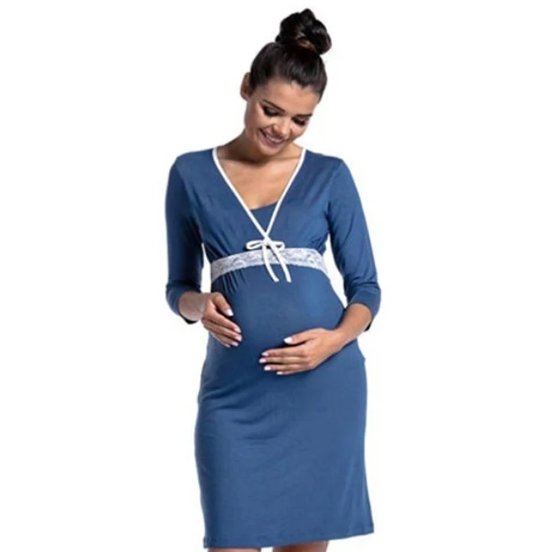 

European American Fashion Lace Stitching Deep V-neck Breastfeeding Breastfeeding Dress Pregnant Women Care Clothes