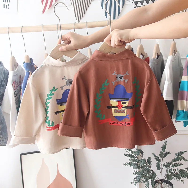 

OHMETOY Autumn 2021 Boys Casual Cartoon Print Long Sleeve Shirt Boys Cotton Full Shirts Children Regular Fashion Clothes for Kid