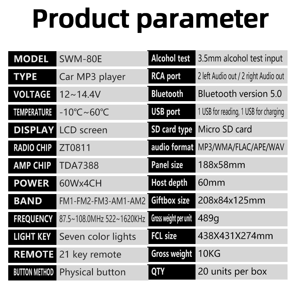 SWM 80E автомобиля bluetooth mp3 плеер U диска карты FM радио с теста на алкоголь функция 1 DIN