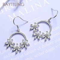 bayttling 35mm silver color elegant round snowflake zircon drop earrings for women fashion wedding jewelry gifts