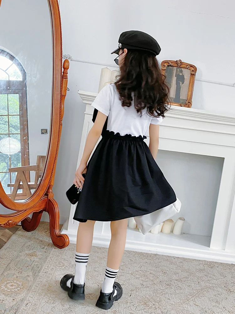 

Girls Irregularly Stitch T-shirt Fake Two-piece Dress 2021 Summer New Middle School Boy Hepburn Wind Fairy Dress kids clothes