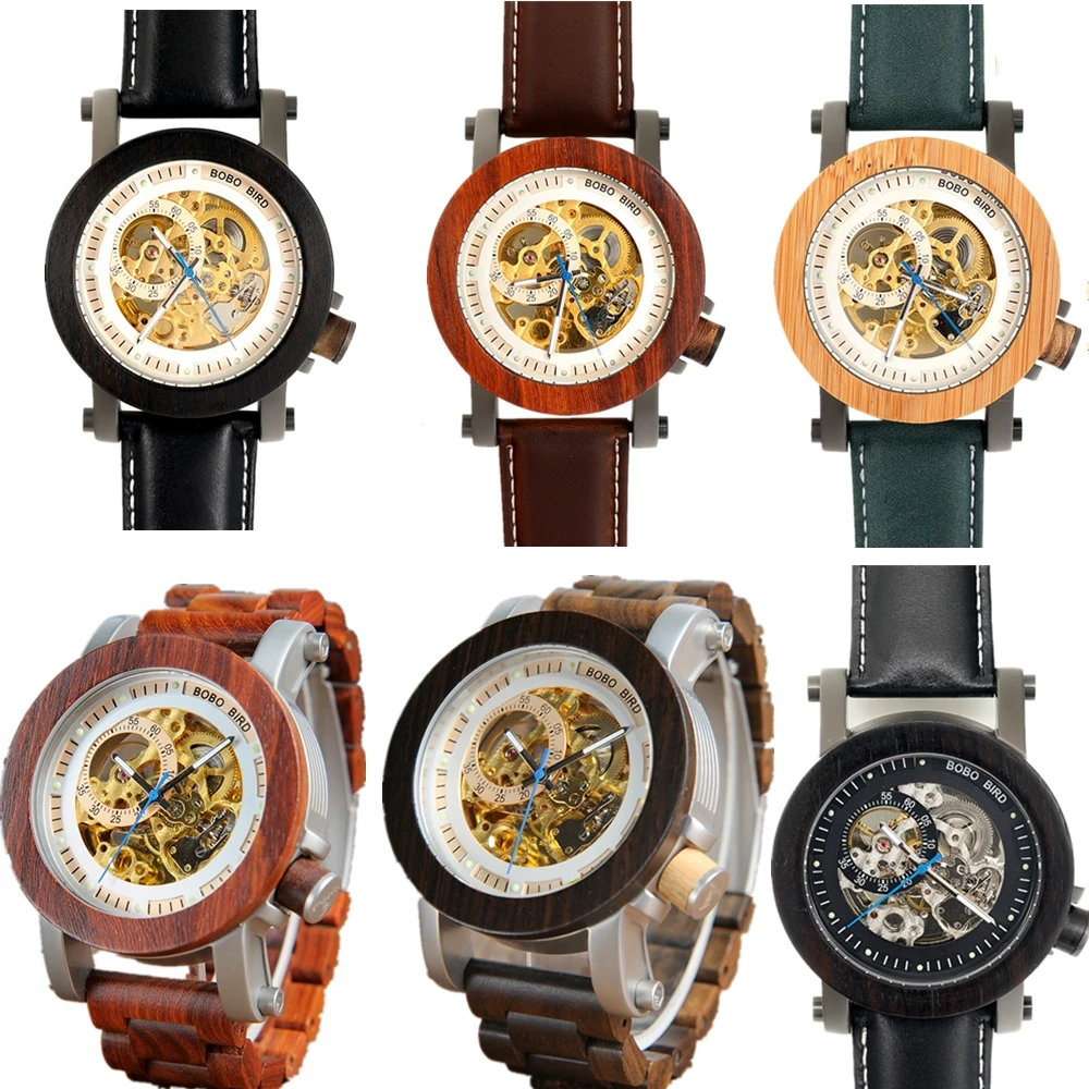

BOBO BIRD Wood Mechanical Watch Men Top Leather Automatic Clock Sandalwood Luminous Wristwatch Male Christmas Present Waterproof