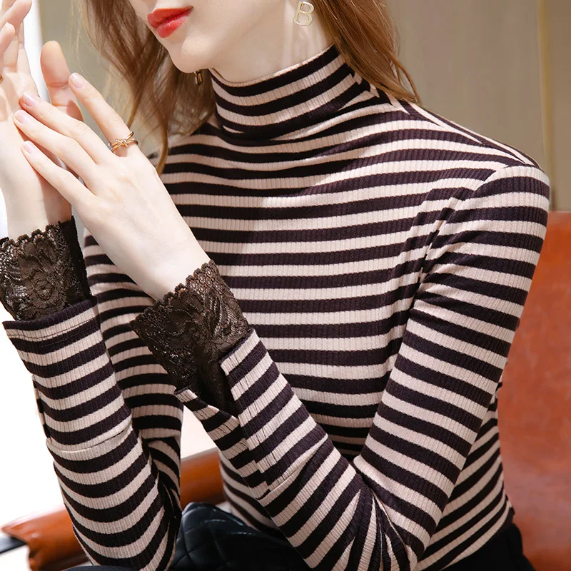

1654 Fall Winter Women Basic Striped Tees Long Sleeves Half High Collar Office Ladies All-Match Patchwork Lace Female Tops 2022