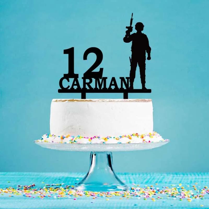 

Custom Name Age Man Holding Gun Silhouettes For Army Fans Birthday Cake Decoration Topper YC164