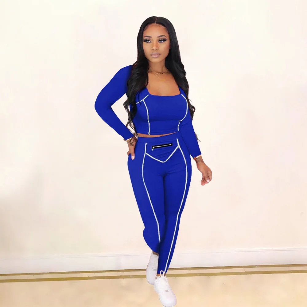 

Casualwear Sporty Two Piece Jogging Suit Women Sweatsuit Striped Spliced Long Sleeve Crop Top and Workout Pencil Legging Outfits