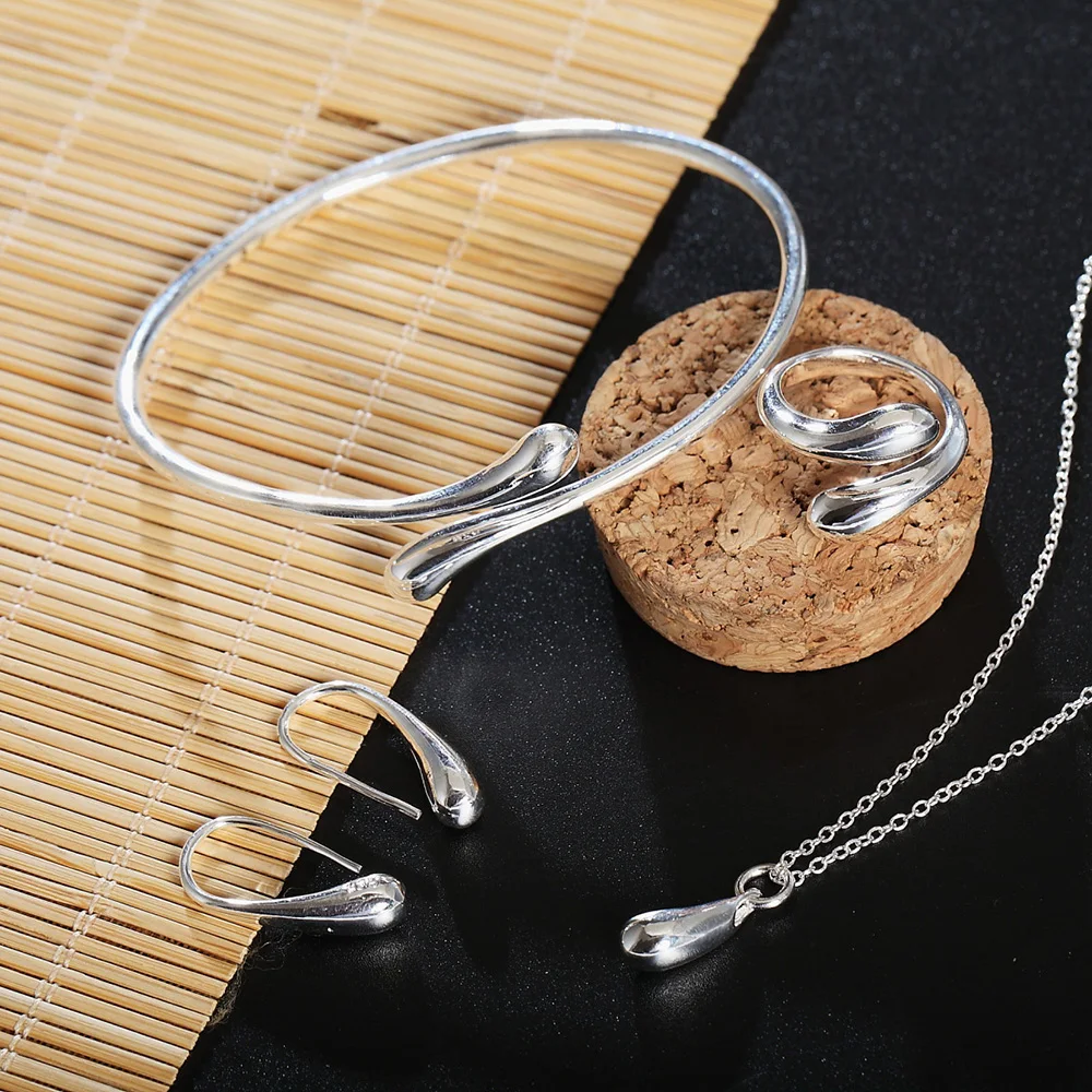 

925 Sterling Silver Teardrop Waterdrop Necklace Earrings Ring Bangle Jewelry Set For Women Wedding Party Gifts Fashion Jewelry
