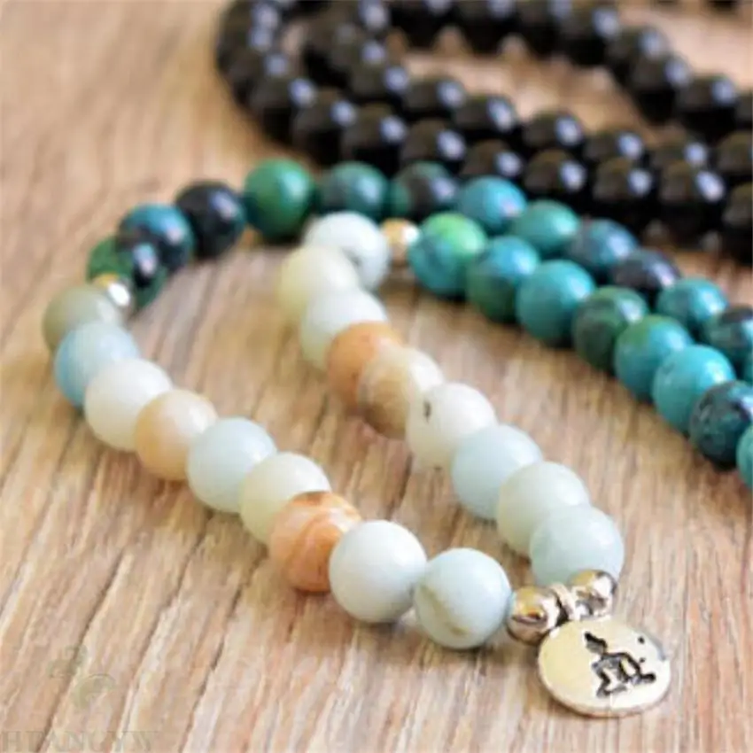 

8mm Amazonite African Howlite Bracelet Gemstone108 Beads pray Sutra Lucky Chakas MONK energy Tassel Handmade Gemstone mala