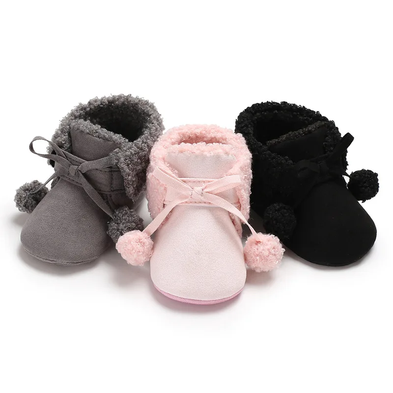 

New children's warm winter baby boy girl plush ball boots rubber bottom warm toddler soft bottom non-slip toddler shoes