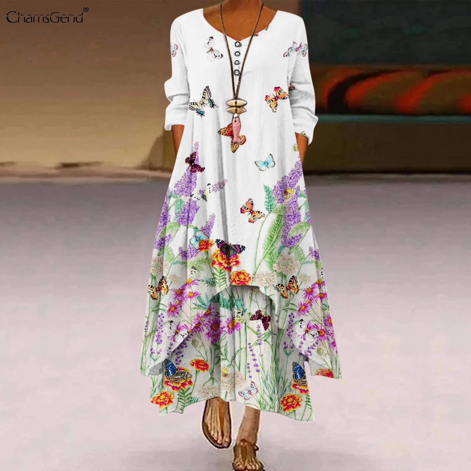 

Autumn 2021 Boho Long Dress Women Elegant Robe Dress Party Long Sleeve Dresses Casual Loose Vintage Print Maxi Dresses