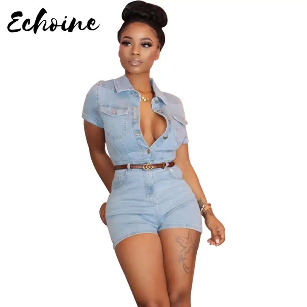 

Echoine Women Casual Jeans Jumpsuit Solid Sexy Cowboy Turn Down Collar Short sleeve Single Breasted Shorts With Pockets Playsuit