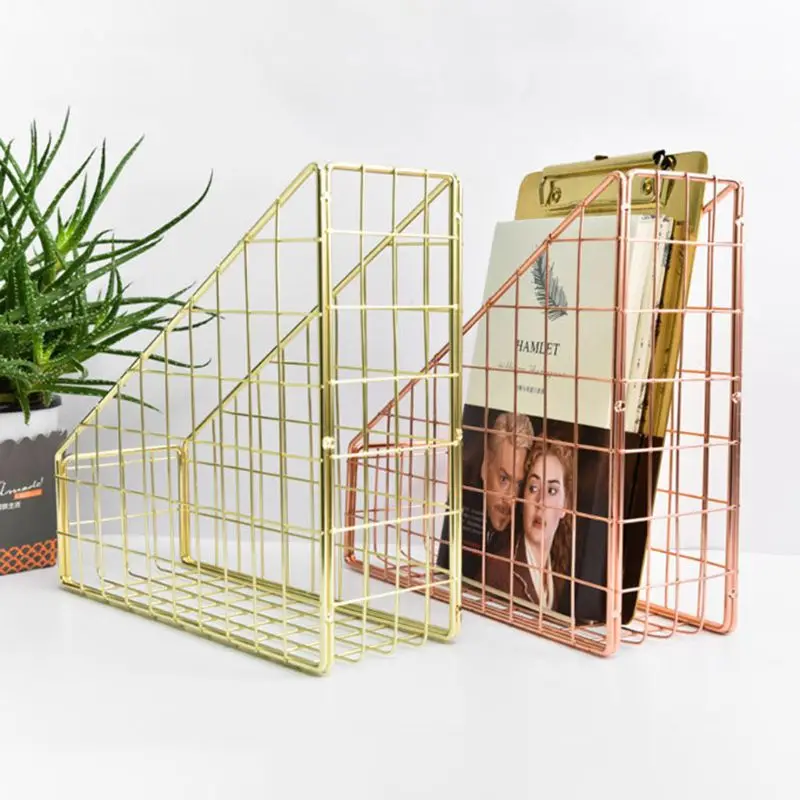 

C1FB Nordic Wrought Iron Grid File Holder Simple Single Layer Desk Shelf Magazine Book Storage Rack Home Office Stationeries