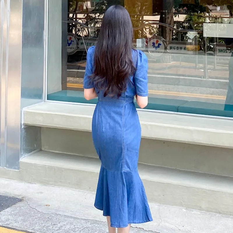 

Kimotimo Denim Dress Woman Summer 2021 Korean Fashion New Arrival Retro Square Neck Ruffled Long Casual Vestidos Ropa