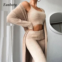 autumn winter elegant solid knit three piece suit women sexy outwear top and pant set casual warm long sleeve coat lady homewear