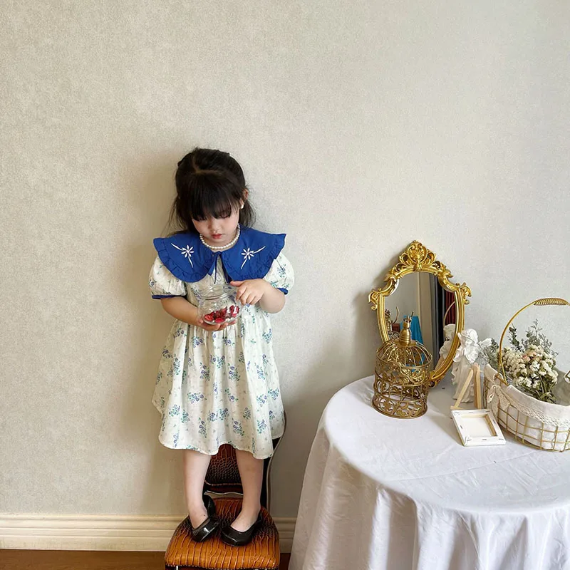 

Новинка лета 2021, детские платья, платье с вышивкой на воротнике, детская одежда, Корейская одежда для девочек