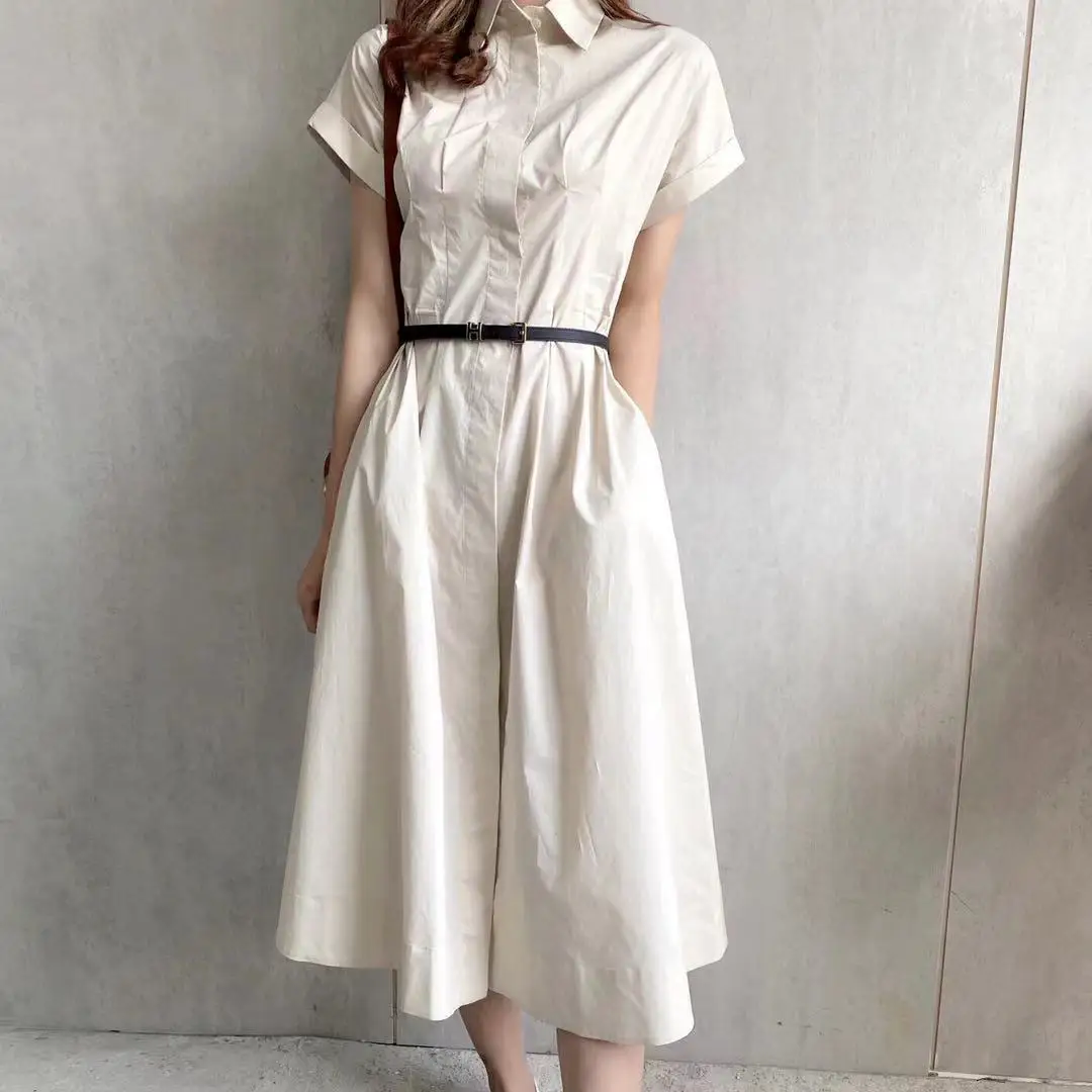 

Spring and summer new women's temperament slim high waist short sleeve dress solid color thin medium length shirt skirt 041904