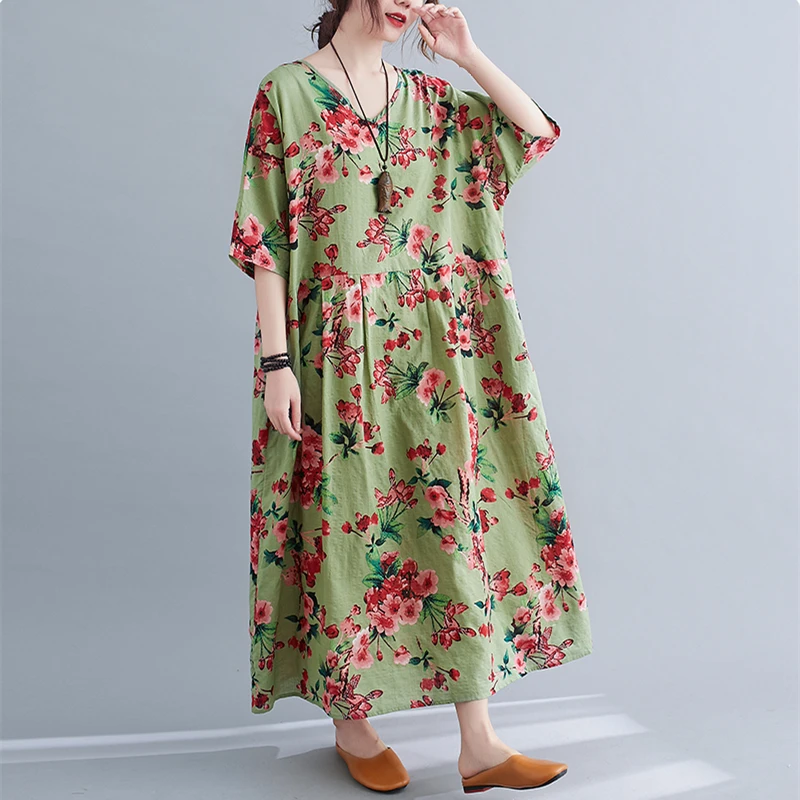 

Cotton Linen Fashion Floral Print Green Dresses For Women Summer New Elegant Casual Long Loose Sundress Holiday Clothes 2021