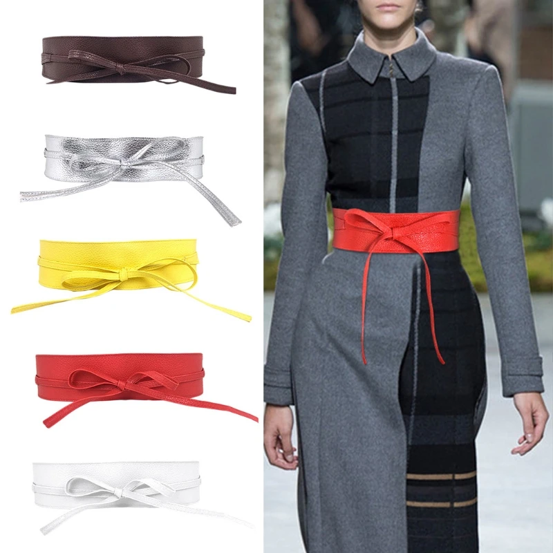 

Women Soft Faux Leather Solid Color Waist Belt Bow Tie Wide Wrap Around Boho Corset Vintage Elegant Bodice Waistbnd