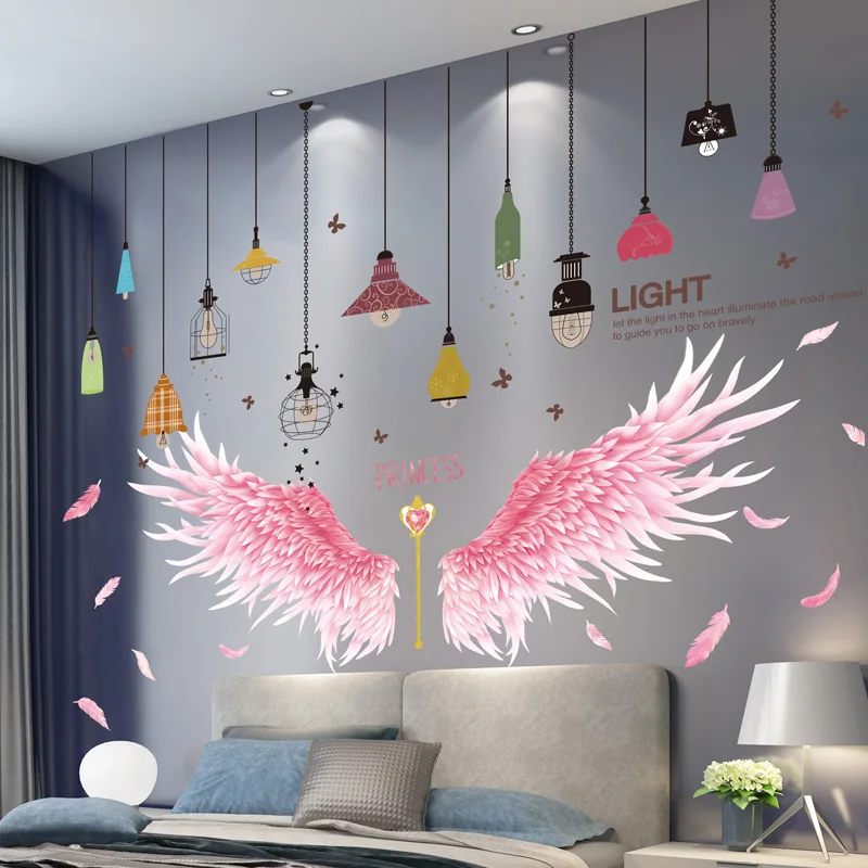 

Pink Feathers Wings Wall Stickers DIY Bulbs Chandelier Lights Mural Decals for Kids Rooms Dormitory Home Decoration Accessories