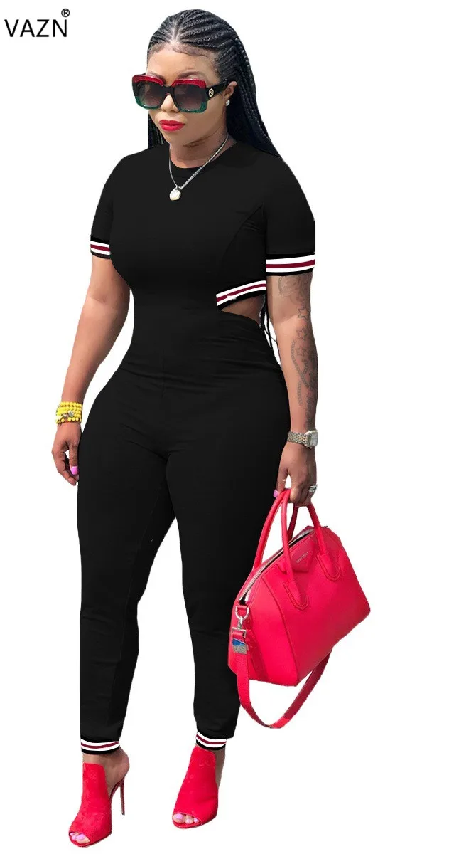 Женский комбинезон с круглым вырезом VAZN однотонный Облегающий коротким рукавом