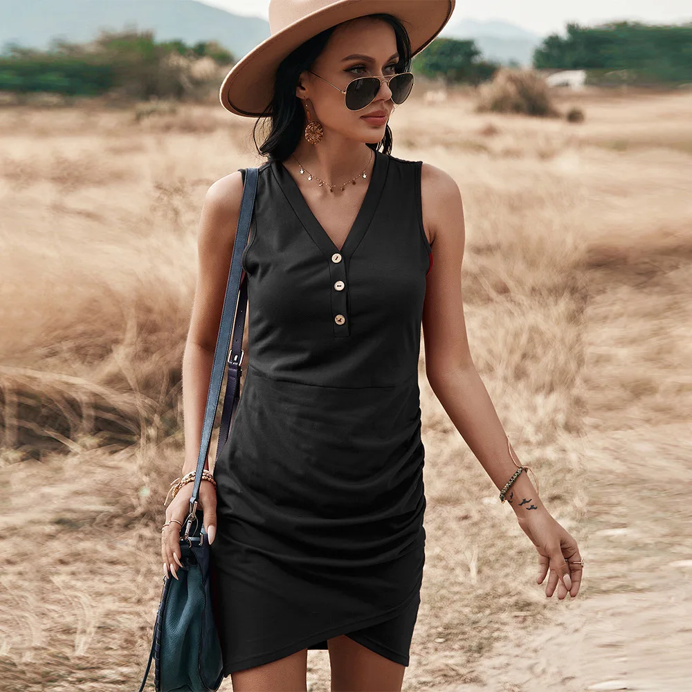 

Women Summer Sleeveless Tank Mini Dress Solid Color Casual Slim Sexy V-neck Button Decor Irregular Package Hip Pleated Vestidos