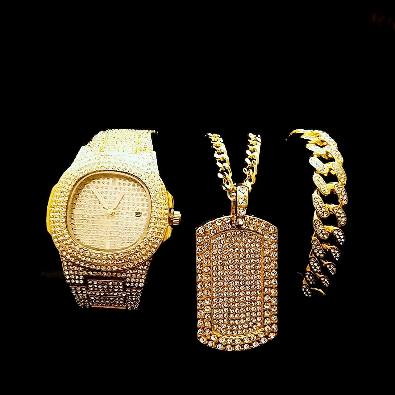 

3pcs/set Watch Necklace Bracelet for Men Luxury Iced Out Watch Men Bling Cuban Chains Pendant Gold Jewelry Mens Watches Relojes