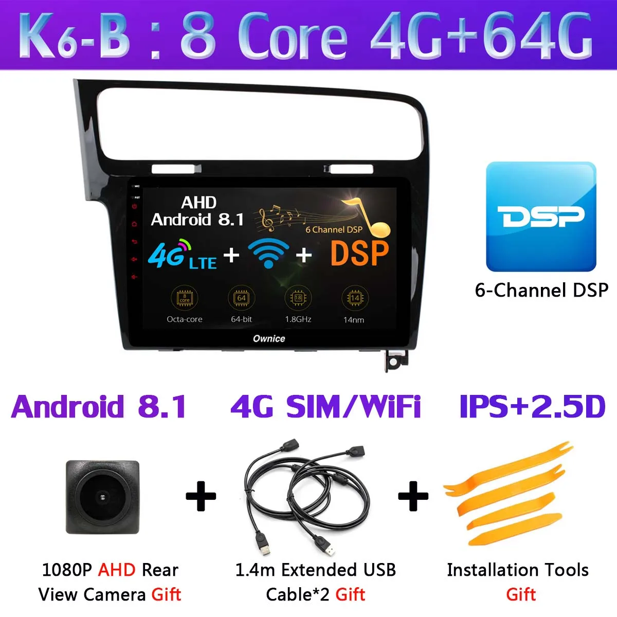 Панорамная камера 360 ° 4G LTE Android 9,0 4G+ 64G DSP CarPlay Автомобильный плеер для Volkswagen Golf 7 MK7 2013- gps радио - Цвет: K6-B