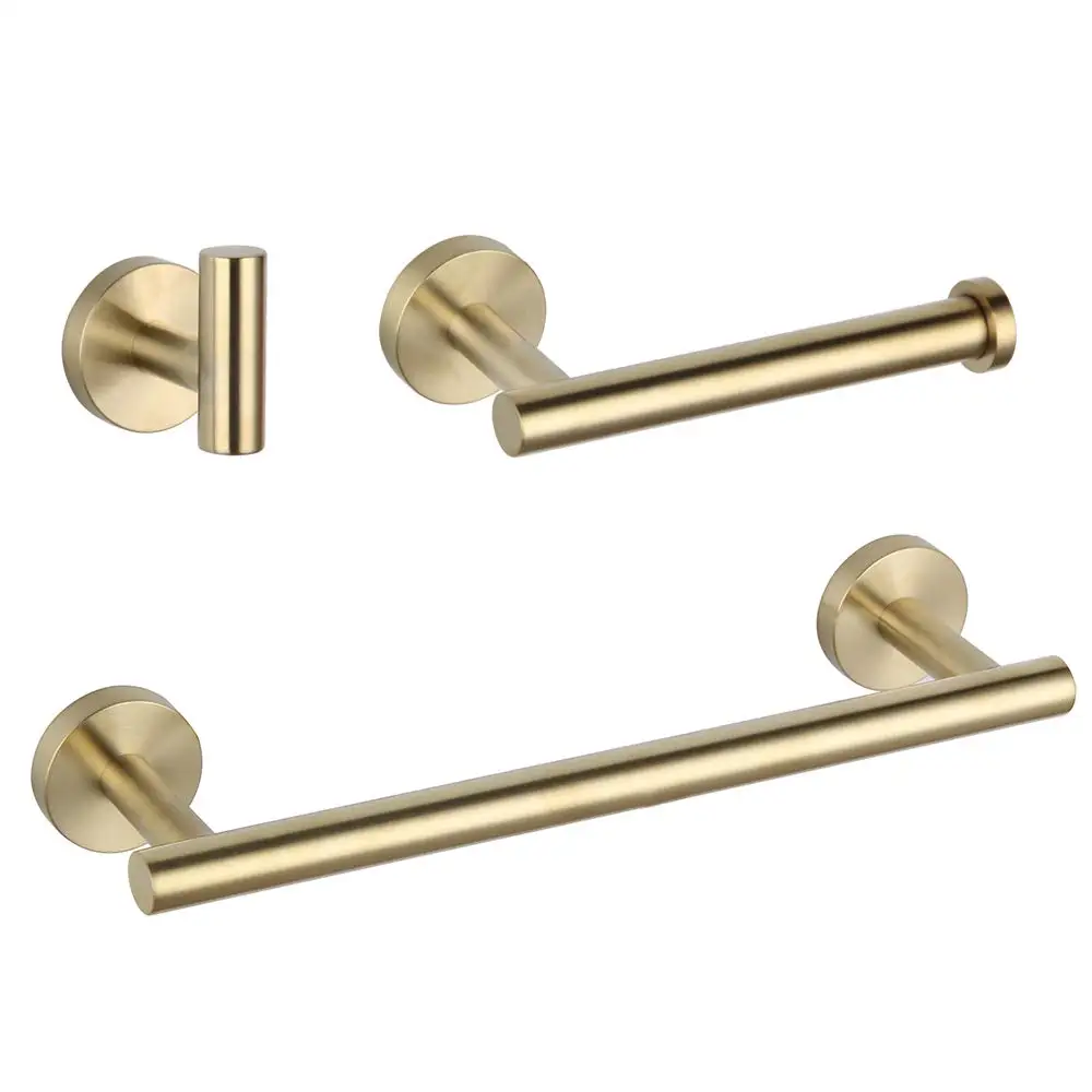 Bathroom Brushed Gold 3-Piece Accessories Set SUS304 Stainless Steel Bath set (paper holder towel ring robe hook) | Обустройство дома