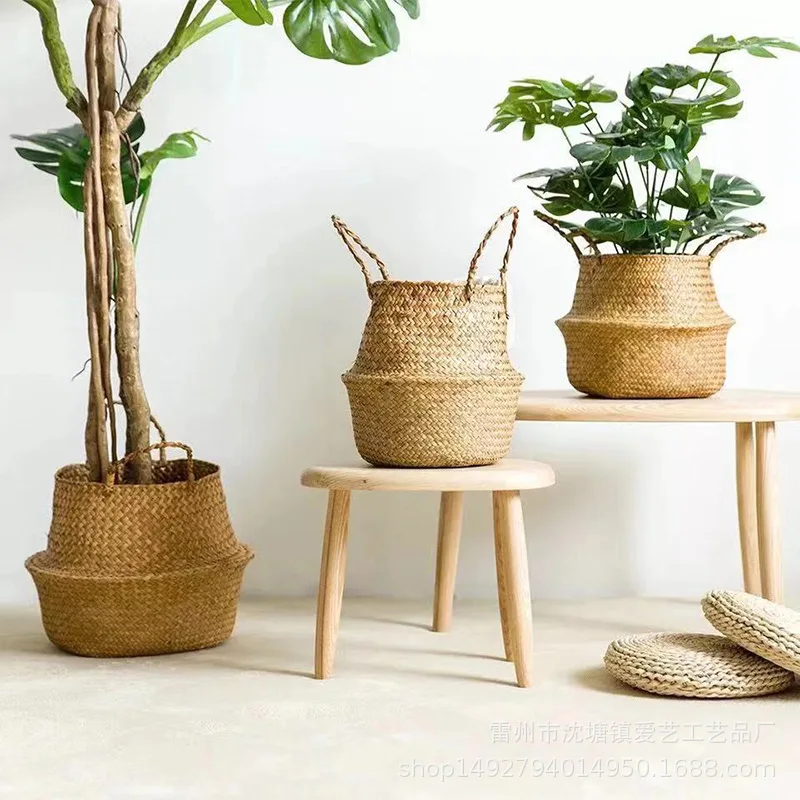 

Foldable Natural Seaweed Woven Straw Basket Storage Pot Garden Flower Vase Hanging Picnic Basket Storage Basket Home Decor