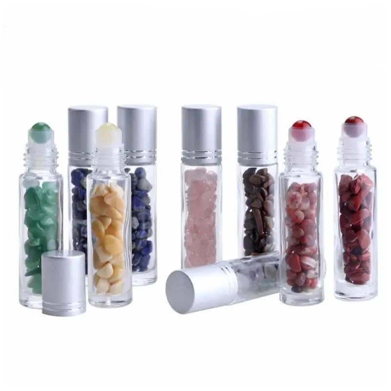 

Essential Oil Diffuser 10ml Clear Glass Roll on Perfume Bottles with Crushed Natural Crystal Quartz Stone,Crystal Roller Ball