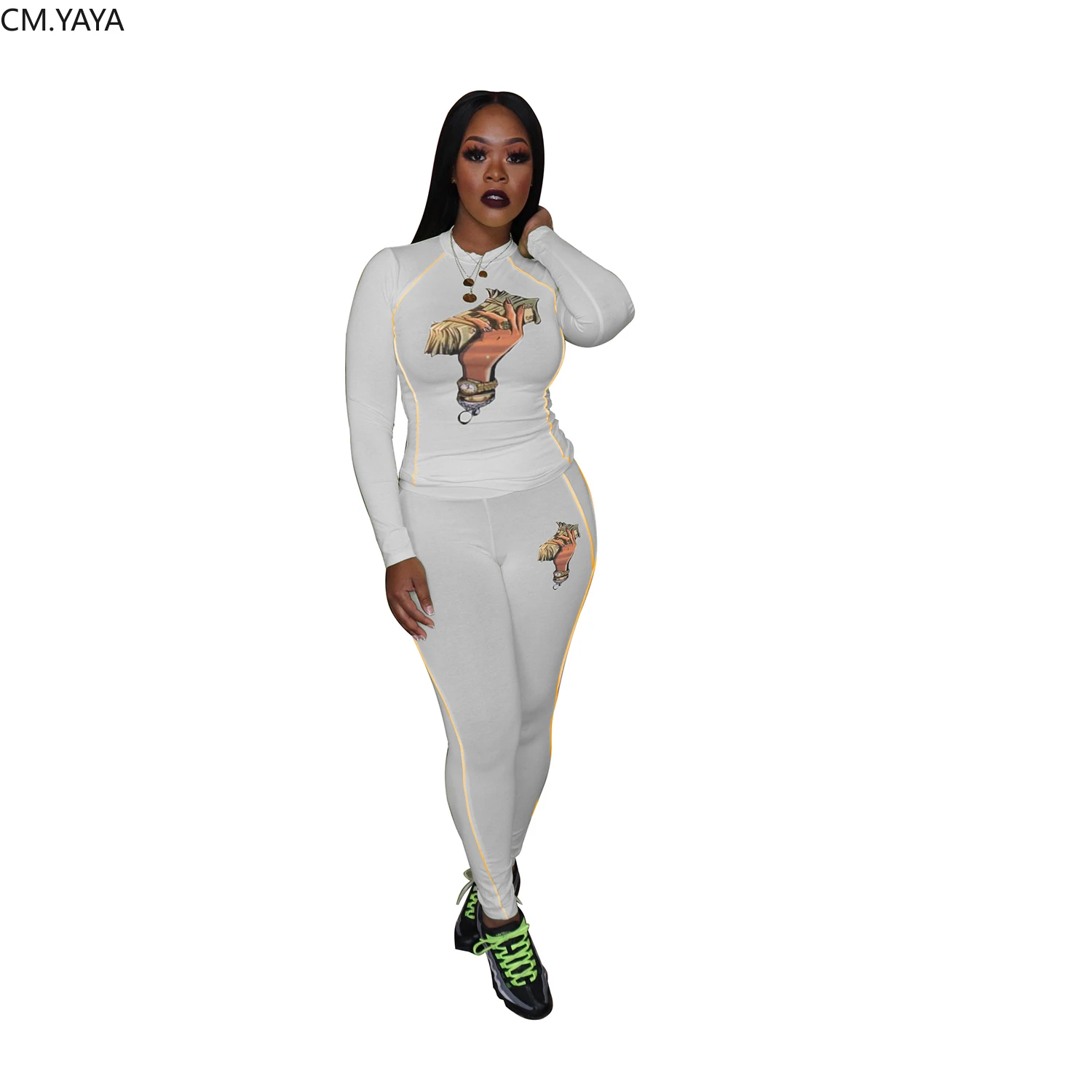 GL зимний женский комплект длинный рукав пэчворк принт футболка карандаш брюки