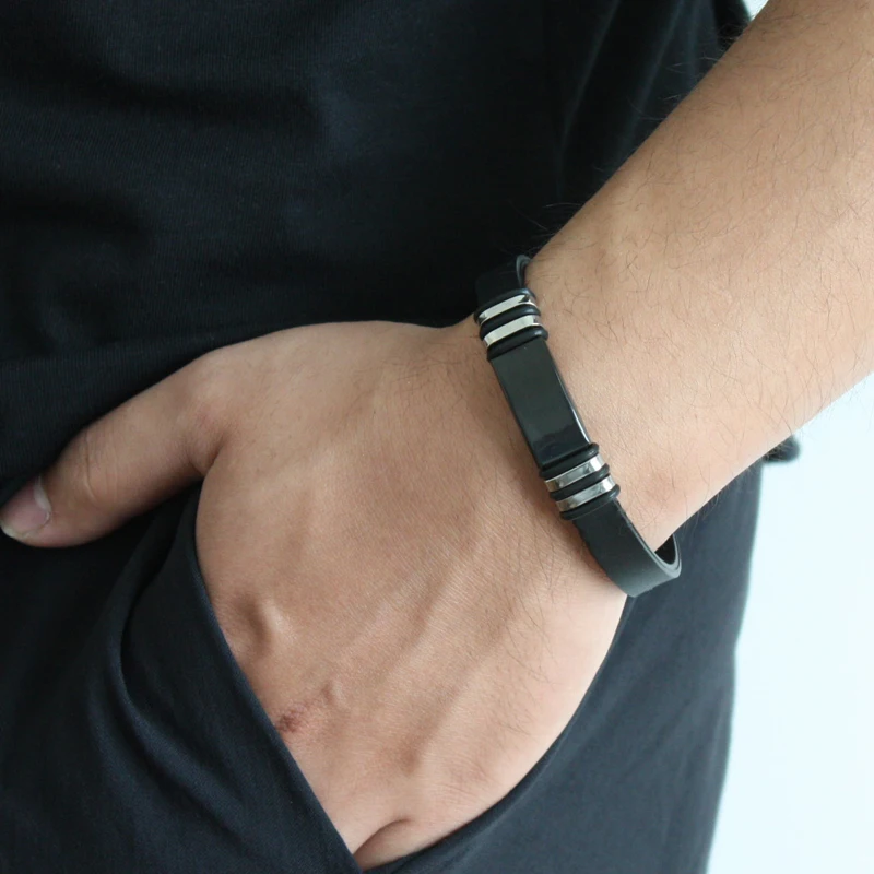 

4 Styles Stainless Steel Silicone Black Bracelet Men WristBand Punk Style New Men Bracelet Simple Rubber Charm Pulsera Hombre