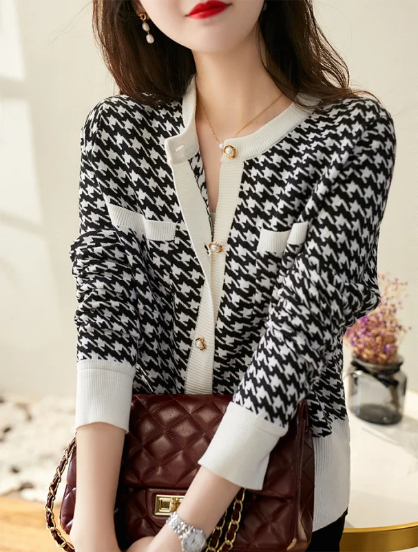 

Ранняя осень ретро модный стиль твидовая клетка трикотаж Kio