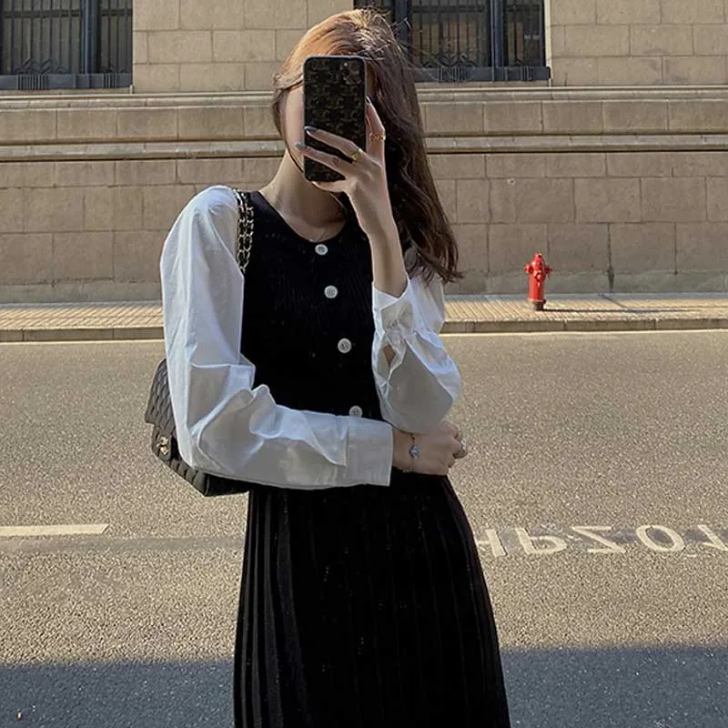 

One-Piece Woman Pleated Dress Korean Long Sleeve Knitted Sweater Dresses 2020 Women Spring Autumn Women Sweater Knitt Dress Lady