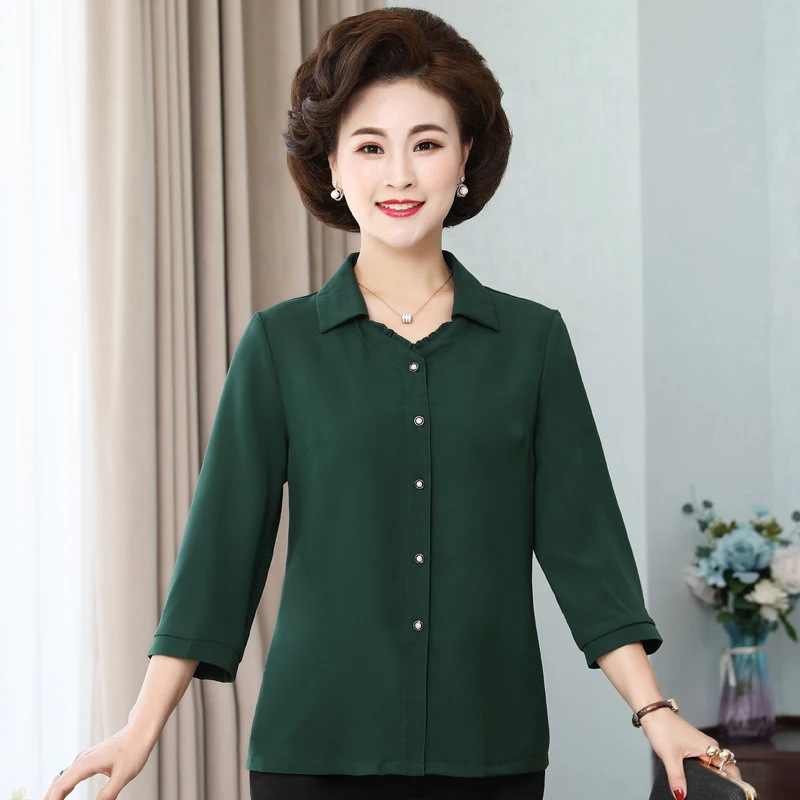 

Summer Shirts Blouses Women Fashion Casual Tops Female 2021 Turn-Down Collar Loose Three Quarter Sleeve Blouse