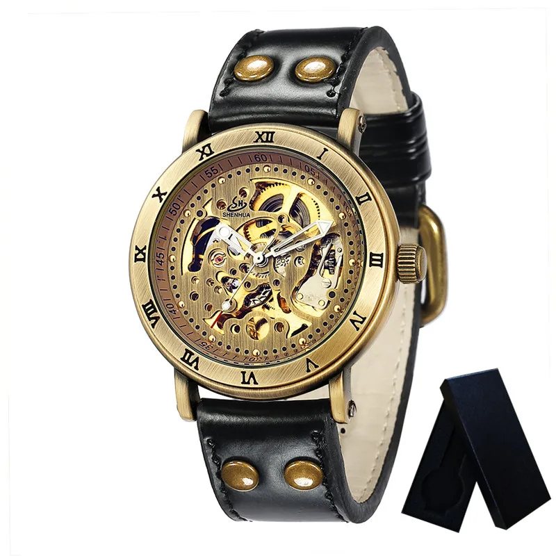 S07602 with box Классические мужские часы с автоматическим механическим скелетом, мужские часы, лучший бренд класса люкс, античный бронзовый дизайн, спортивные военные наручные часы 076 - Цвет: S07602 with box