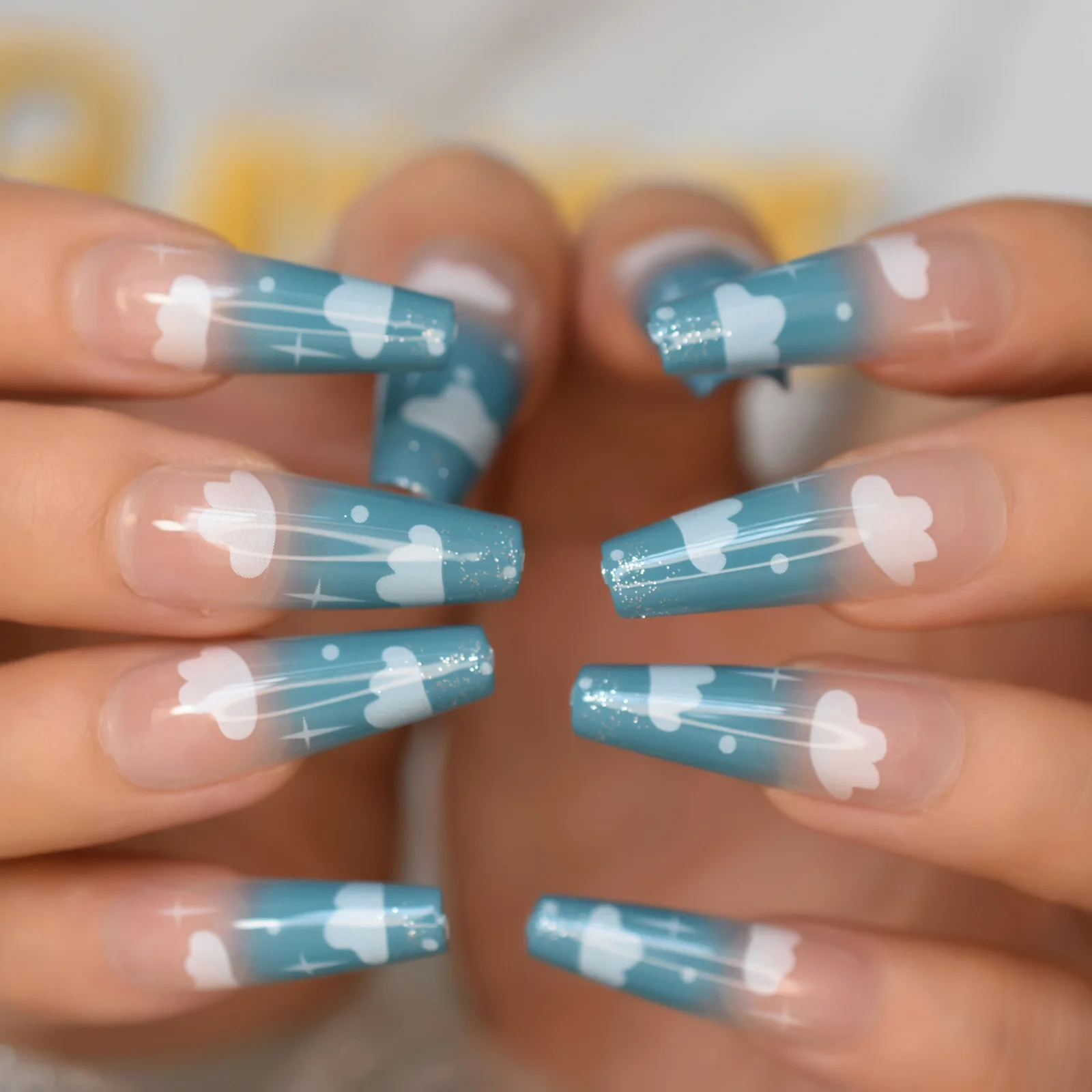 

Lovely Nails Charms Long Coffin Couldy Nails With Glitter Pre Designs Fadeing Blue Fingernails Tips Press On Nail Supplies NEW