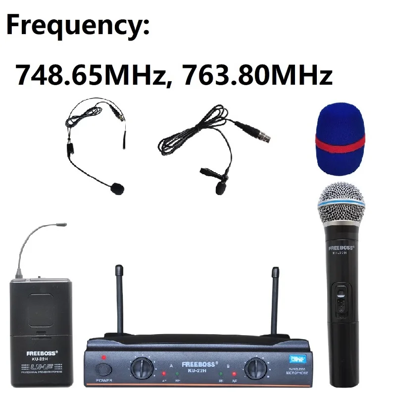 Freeboss KU-22H UHF двухканальная Mic передатчик профессиональный караоке Беспроводной гарнитура+ нагрудные+ ручной микрофон - Цвет: Frequency 748 763