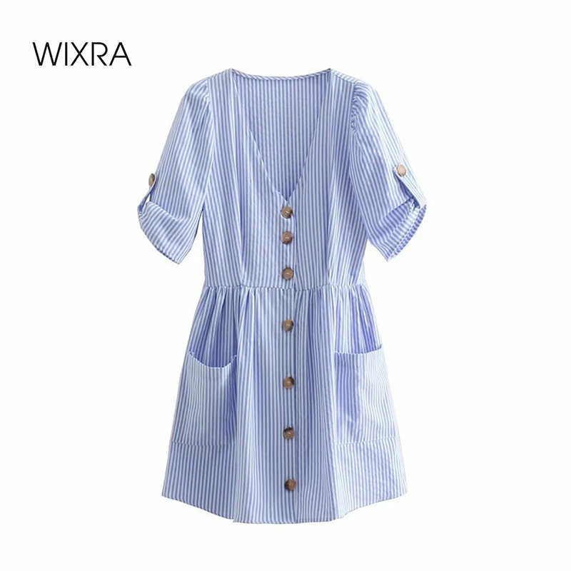 

Wixra Striped Dresses Blue Pink Pockets A Line Womens Short Sleeve Ladies Casual High Street 2021 Summer Hot