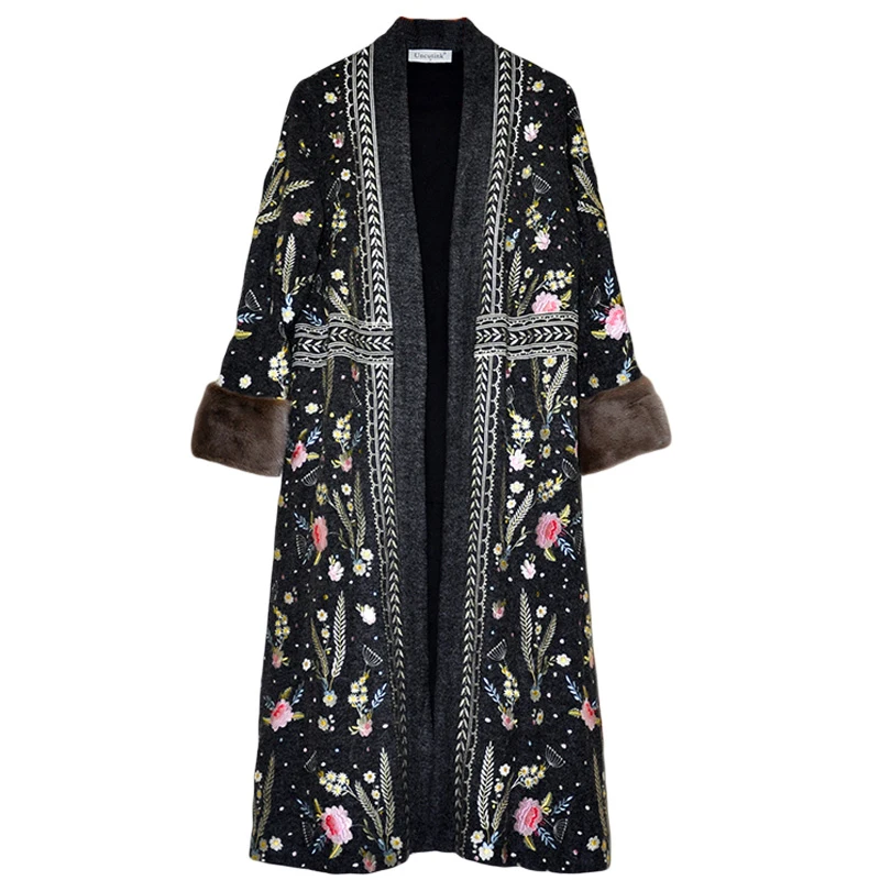 Женское шерстяное пальто с цветочной вышивкой свободного покроя | Женская одежда