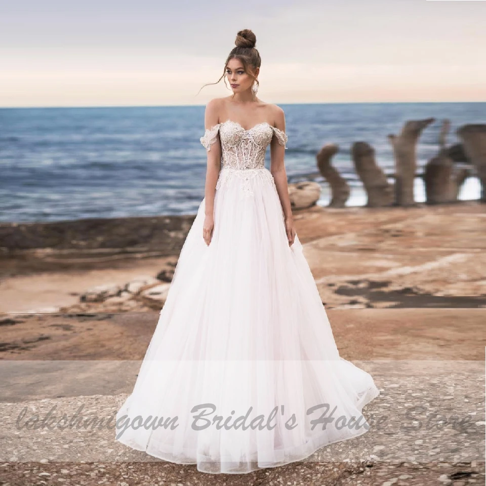 

Lakshmigown Princess Beach Wedding Dress 2020 Vestaglia Sposa Corset Lace Up Back Luxury Beaded Bridal Gowns Off the Shoulder