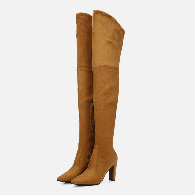 Женские ботфорты из искусственной замши на высоком каблуке с острым носком |