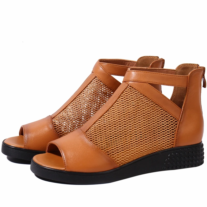 

2019 summer new ladies sandals mesh fish mouth breathable cool boots leather flat with comfortable casual women's sandals