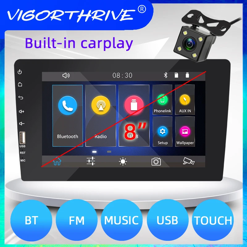 

VIGORTHRIVE Car Radio 8'' 2 DIN AM RDS Player Bluetooth Touch Screen Mobile Phone Interconnection Support Carplay Android Auto