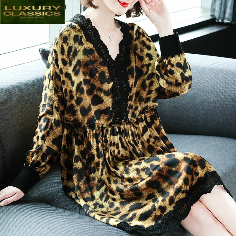 Dress Women Summer Silk Dress Mini Leopard Dresses Sexy V Neck Lace Dresses Loose Vintage Vestidos Verano 2021 LWL1516