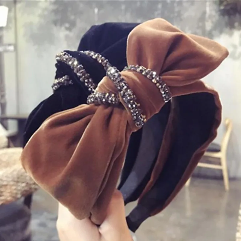 

New Velvet Bowknot Hairband Crystals for Women Luxury Hair Jewelry Headband Ladies Outdoor Side Bow Knotted Head Band Wide