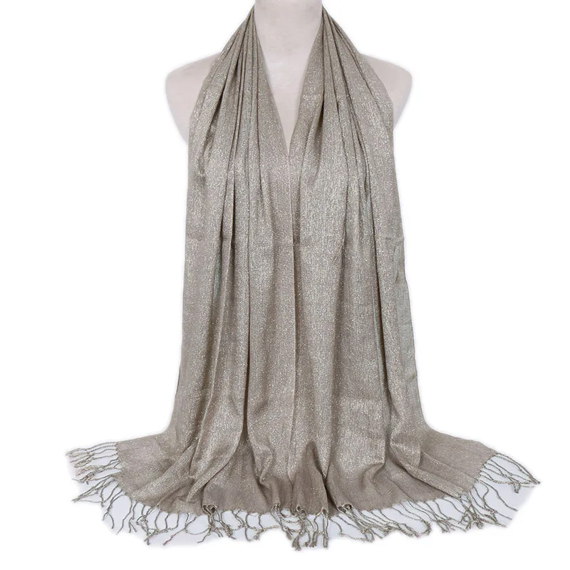 

Women Plain Lurex Glitter Tassel Viscose Shawl Scarf Soft Thin Headband Wrap Foulard Fashion Muslim Hijab scarves 170*60Cm