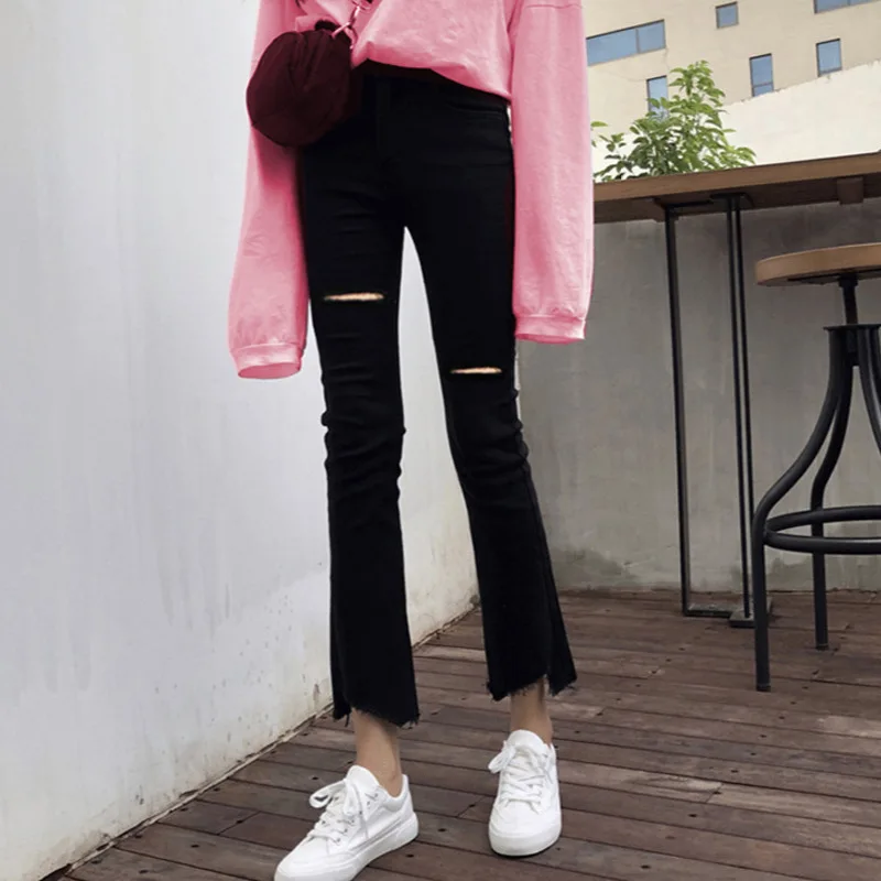 

Ripped Jeans Women Black High-waisted Nine-point Thin-footed Beggar Small Autumn and Winter Sexy Ripped Jeans for Women